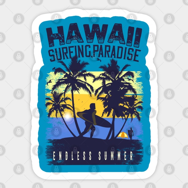 Hawaii surfing paradise endless summer ,Surfing Hawaii  Vacation Palm Trees Tropical Sticker by bakmed